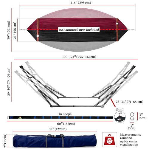 Image of Tranquillo Combo x2 Hammocks with Stand for Outside & Tree Straps, Heavy Duty Hammock with Stand 600lbs for Indoor Outdoor Patio Backyard, x2 Hammocks for 2 Person (Combo - Red, Medium)