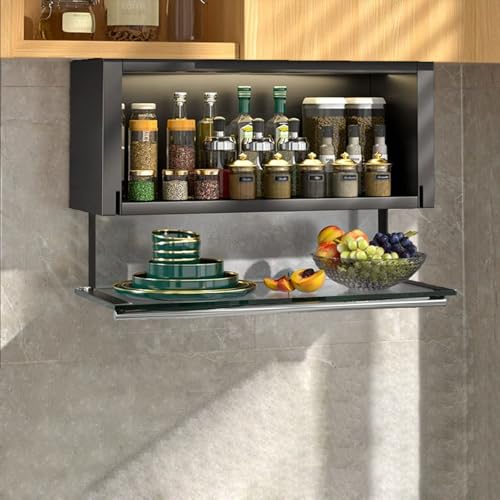 Organizador de gabinete de Cocina abatible, especiero abatible con Puerta de Vidrio Templado y luz con Sensor, Organizador de Almacenamiento de gabinete de Pared de Metal para Debajo del Gab
