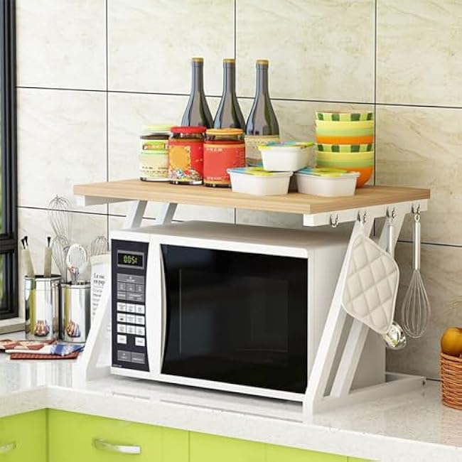 Dxcaicc Expandable Microwave Oven Rack, Toaster Stand With Hooks, Adjustable Shelf for Countertop, Kitchen Supplies Tableware Storage