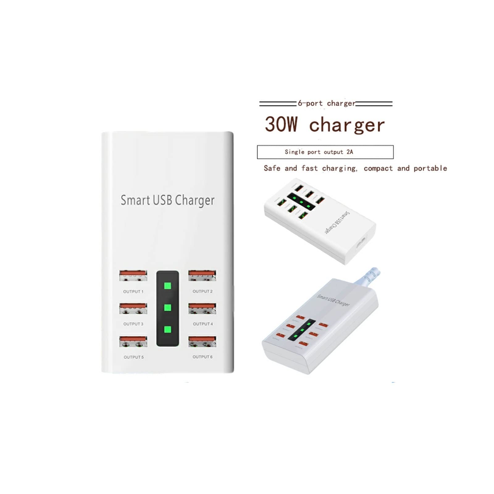 30W QC 3.0 USB 6 Puertos Cargador rápido 2A Adaptador de Corriente Multi-USB Estación Carga Base Escritorio Hogar Multifunción Cargador Seguro