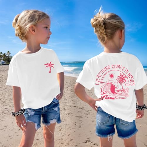 QISSYILY Girls Palm Tree Graphic Tees Beach Hawaiian Cotton T Shirts Tropical Ocean Vibes Outfits Cute Preppy Vacation Tops(White,160)