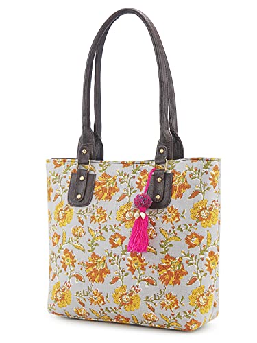 Image of NEPRI Office Pouch Tote Bag | Stylish Set of 2 Tote Bags for Women| Vegan Leather & Handblock Printed Fabric Handbag with Double Handle Shoulder Strap| Daily & Travel Use