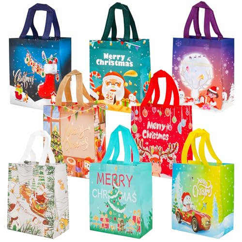 Borse di Natale Tote Gift Bags, 8 pezzi di borse di Natale con manico, piccola borsa regalo riutilizzabile in tessuto non tessuto per feste, borsa regalo per bomboniere natalizie (21 * 26 * 12 cm)