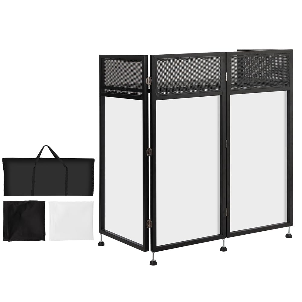 SMONTER Cabina de DJ portátil de 41 pulgadas de largo x 20 pulgadas de ancho, fachada de DJ con tela blanca y negra, estación de mesa de DJ plegable con patas ajustables para fiesta, marco de metal