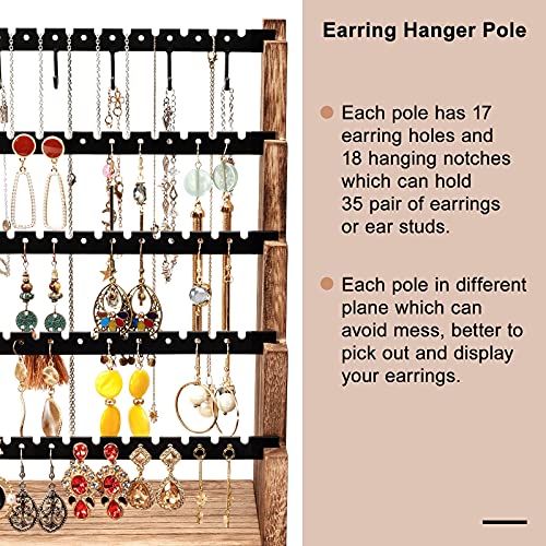 Pinzoveco Earring Organizer, 5 Layer Earring Holder Organizer with Necklace Holder Pole, Rustic Wood Jewelry Organizer Stand Display for Stud Earring Bracelet Necklace Ring, 175 Earring Holes3