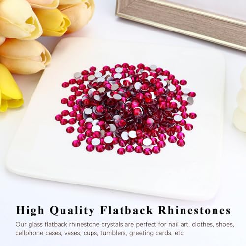 Image of 1440PCS SS8 Crystal Glass Flatback Rhinestones, Round Flat Back Crystal Gems for Nail Art and Craft Clothes, Glue Fix Diamond Stones Hot Pink (2.3-2.5mm)