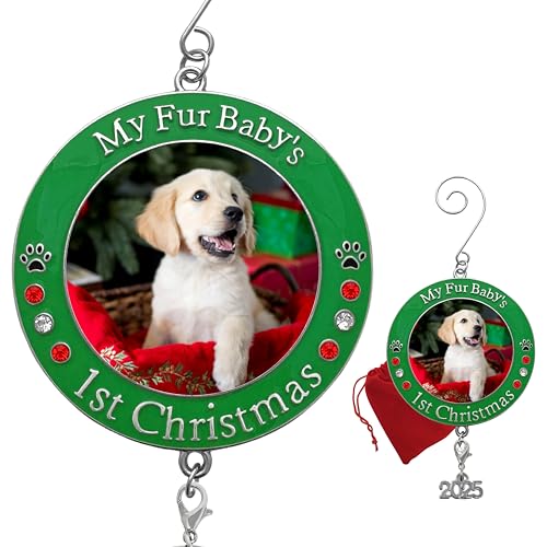 BANBERRY DESIGNS Puppy's First Xmas Photo Ornament Keepsake Dated 2025- Picture Ornament with Charm - Engraved My Fur Baby's 1st Christmas - 3