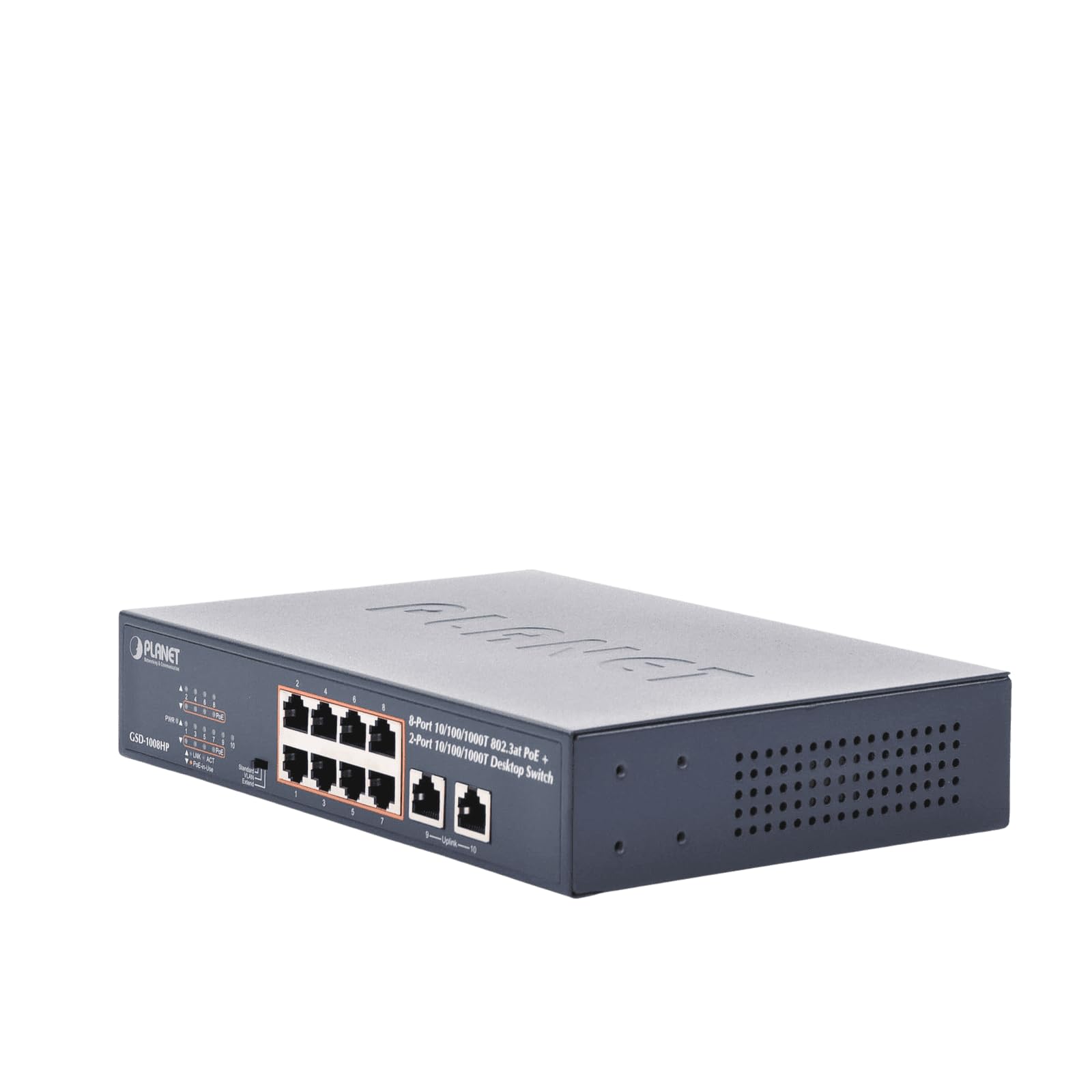 Planet 8-Port 10/100/1000T 802.3at PoE + 2-Port 10/100/1000T, GSD-1008HP (PoE + 2-Port 10/100/1000T Desktop Switch (120W PoE Budget, Standard/VLAN/Extend Mode, 10-inch and Rack-Mou)