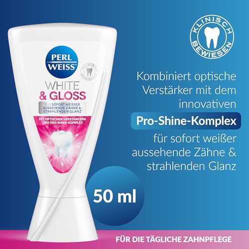 PERLWEISS White & Gloss Whitening Zahncreme - für sofort sichtbare weißere Zähne & bis zu 2 Stufen heller in 1 Woche - mit Pro-Shine-Komplex & Zahnschmelzschutz zur Zahnaufhellung, 50 ml