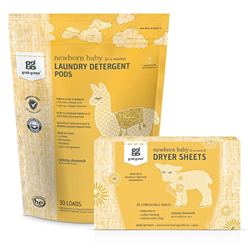 Image of Grab Green Newborn Baby Laundry Detergent Pods and Dryer Sheets Bundle, 30 Count Pods and 40 Dryer Sheets, Calming Chamomile Scent, Plant and Mineral Based Laundry Care Set