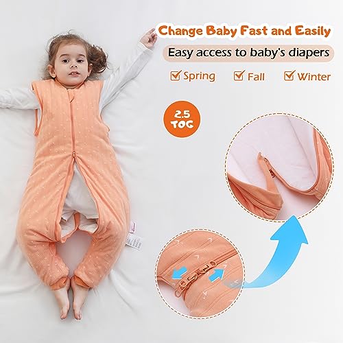 Image of LAT Baby Sleep Bag with Feet Winter,Sleeveless Nightgowns Wearable Blanket with Legs,Warm Sack for Infant Toddler Thicken 2.5 TOG-Sleepsuit,1-6T(Orange White Heart,S /80)