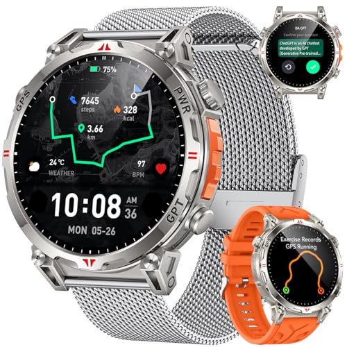 GPS Montre Connectée Homme avec Boussole: Assistant GPT AI 1.70' AMOELD Baromètre Altimètre Cadran AI Appel Bluetooth 650mAh Batterie 120+ Modes Sportifs Cardiofréquencemètre Étanche pour Android iOS