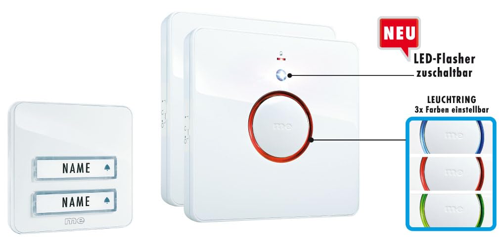 m-e BELL-232.3 Funkklingel Set für 2-Familien-Haus, zuverlässige Funk-Türklingel mit LED-Leuchtring und Blitzlicht, 8 hochwertige Klingeltöne/Melodien, Lautstärke einstellbar, mit Namensschild