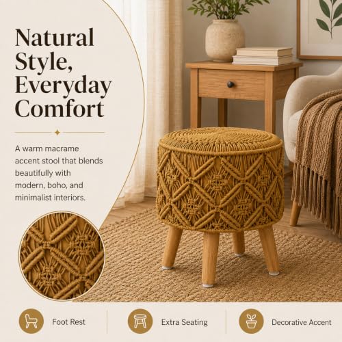 Image of Macrame Ottoman for Living Room | Handcrafted Woven Foot Rest Stool with Solid Wooden Legs | Pouffe for Sitting, Foot Stool for Bedroom & Home Decor | 16x16x18 Inch (Mustard)