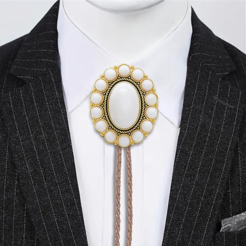 Image of GelConnie Bolo Tie for Men Women Western Cowboy Turquoise Leather Necktie | Natural Stone Bolo Tie Necklace for Women Rodeo Cowboy Leather Necktie Native American Western Cowgirl Ties Adjustable Cord