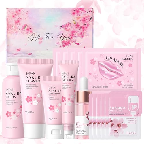 Set de Cuidado Facial Sakura 16 Piezas,Set de Cuidado Diario de la Piel con Limpiador,Tónico,Hidratante,Esencia,Esencia ocular,Mascarilla de arcilla,Mascarilla labial,para Adolescentes y Mujeres