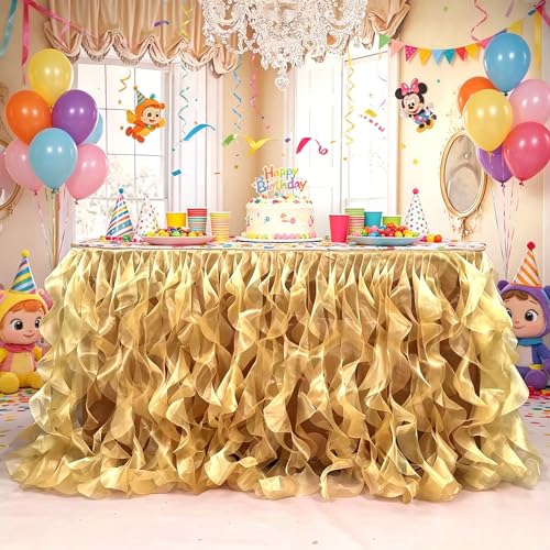 Image of Luxury Organza Mesh Table Skirt Draping Floating Romance - Perfect for Bridal Showers, Birthday Weddings - Clear Flowing Decoration for a Wonderful Main Cake Table (Gold-9ft, 108 inch Lx30 H)
