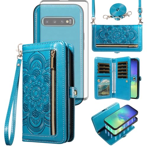 Coque Samsung S10 Plus portefeuille à fleurs avec vitre de protection