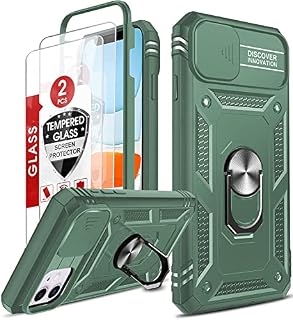 LeYi for iPhone 11 Case with Slide Camera Cover and 2 Tempered Glass Screen Protector, Ring Holder Kickstand Full Body Protective Slim Heavy Duty Shockproof Tough Girl Hard Phone Cover, Green