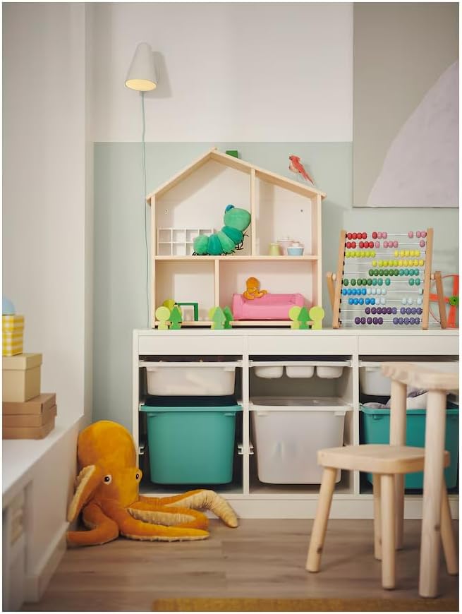 Miniatura 5 de Estante de pared de casa de muñecas de madera, pino natural, 4 compartimentos de almacenamiento, organizador y decoración para habitación de niños
