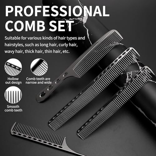 CGBARBER 4 Types Aluminum Hair Combs for Cutting Stainless Steel Hair Tail Metal Comb (Black)
