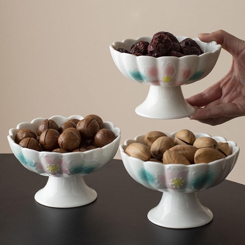 Ceramic Hand Painted High Legged Fruit Snack Plate of Dried Fruits for Afternoon Tea Snacks