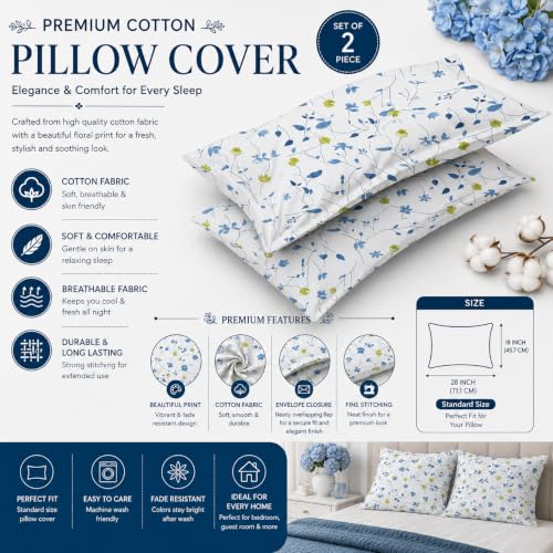 Image of IVAZA 240 TC Soft Ezyption Cotton Floral Print King Size Bedsheet - with 2 Pillow Covers, Hypoallergenic, Brethable, (Size- 90 x 90 Inch) Blue & White