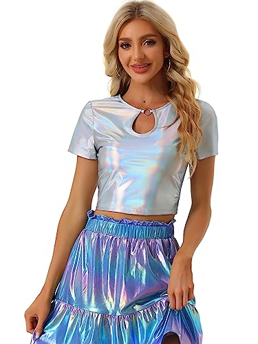 Allegra K Metallic Crop Tops for Womens Keyhole Short Sleeve Halloween Party Shiny Holographic Top Medium Silver Holographic