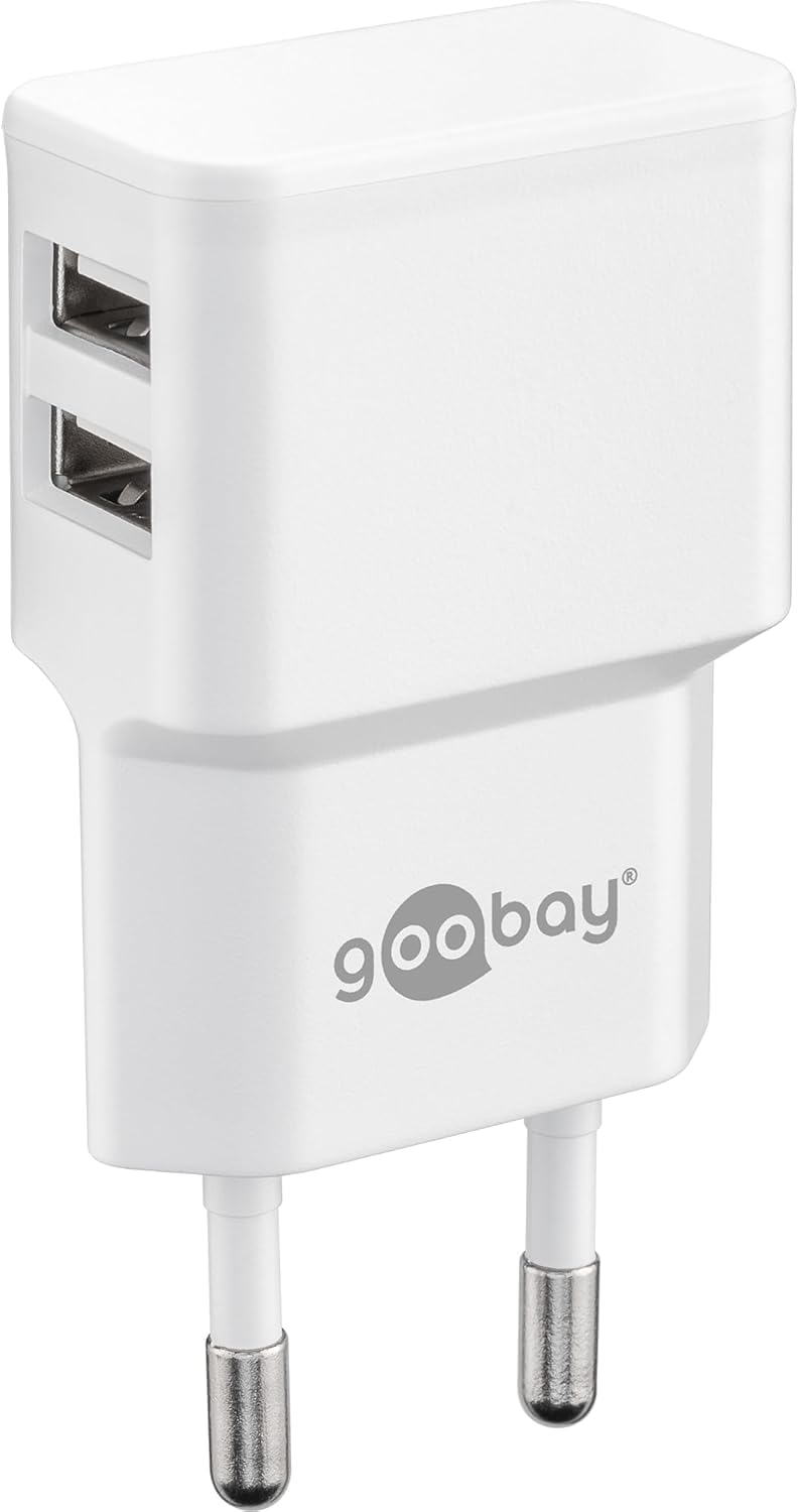 goobay USB Netzteil 12W (5V/2,4A gesamt), 2X USB-A Ladeadapter für Steckdose, Dual-Port Wandladegerät für Smartphone & Tablet, mit Schutzelektronik, Weiß 44952