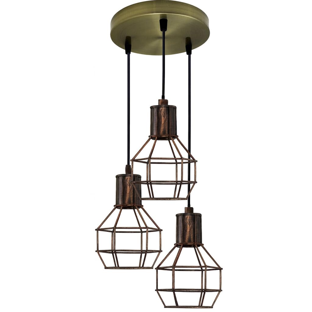 DC VOLTAGE 3 Light Pendant Ceiling Light, E27 Base, 90cm Adjustable Cable, Brushed Copper Metal Cage Shades, Industrial Vintage Hanging Lamp for Living Room, Kitchen, Dining Room