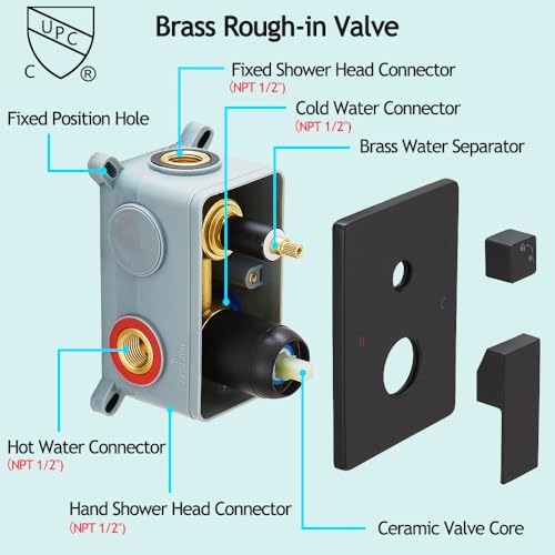 Image of Shower Faucet Set Complete, Wall Mount Shower System for Bathroom 12 Inch High-Pressure Rainfall Shower with Handheld, Rough-in Valve Body and Trim Kit, Matte Black