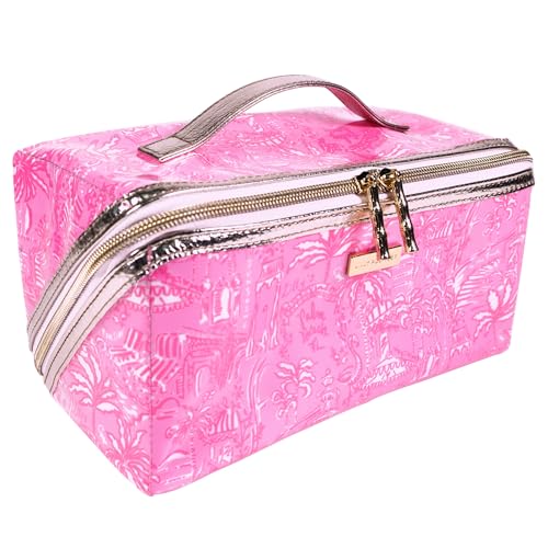 Lilly Pulitzer Travel Cosmetic Case, Lay Flat Zipper Carryall Pouch with Wipeable Lining (Palm Beach Playground)