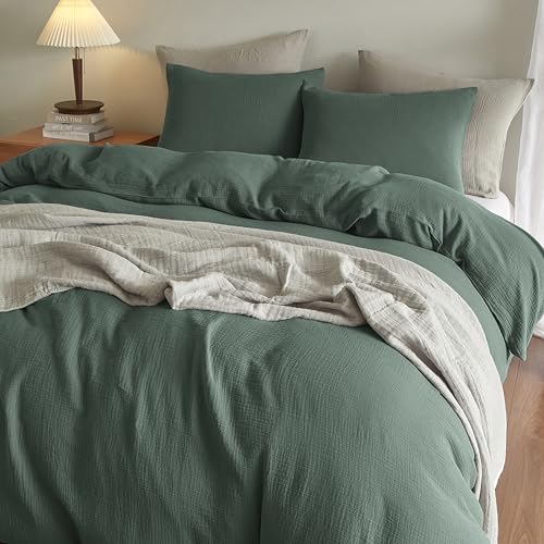 SE SOFTEXLY Muslin Duvet Cover King Size, 100% Washed Cotton Duvet Cover Set, Ultra Soft Comforter Cover Linen Like, 3 Pieces Minimalist Gauze Duvet Cover with 2 Pillowcases, 90"x104", Forest Green