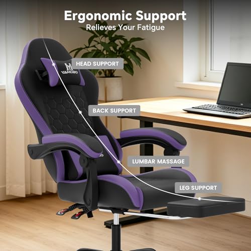 Image of Gaming Chair, Computer Office Chair with Footrest, Adjustable Height & Backrest Gaming Chairs with Swivel for Adults, High Back PU Leather Ergonomic Chair with Lumbar Support, Blackpurple