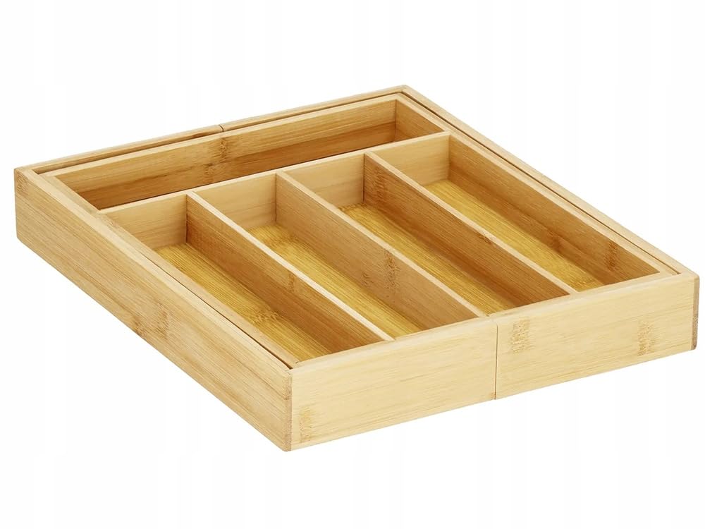 Organizer in BAMBU' Cassetti Posate, 7 Scomparti, Estensibile Fino a 39x37 Cm, Organizzatore Vassoio Cassetto Espandibile Utensili, Posate Utensili Ordine in Cucina, Coltelli Forchette Cucchiai,