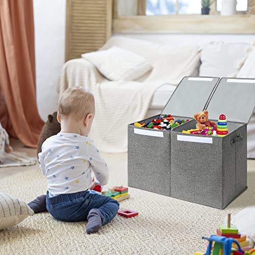 Hibobi Large Toy Box With Double Flip-Top Lid, Collapsible Sturdy Toy Chest Storage Bins With Handles, Toy Storage Organizer For Kids Boys Girls Nursery,Playroom,Bedroom, 24.5"X13"X16", Gray #TOP3