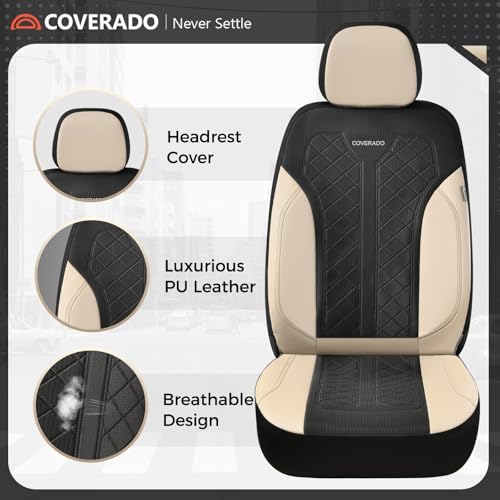 Image of Coverado Seat Covers Full Set, Beige Car Seat Covers, PU Leather & Breathable Mesh Seat Protectors, 5-Piece Automotive Seat Covers, Universal Fit for SUVs, Trucks, Sedans