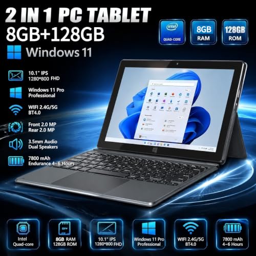 Tableta 2 en 1 Windows 10.1" con 8GB RAM y 128GB ROM, PC portátil con CPU Intel, pantalla táctil IPS FHD 1280x800, Mini HDMI, 5G WiFi, Bluetooth, USB 3.0, cámaras duales y teclado miniatura 2