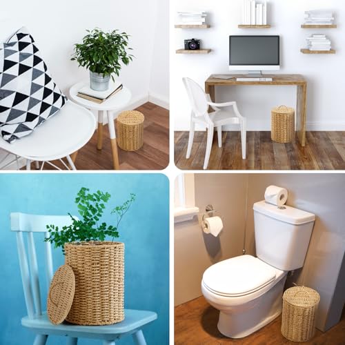 Image of Ctosree 1.3 Gallons Small Trash Can with Lid Handle Boho Woven Braided Bathroom Waste Basket Trash Can with 100 Garbage Bags for Bedroom Office Laundry(Braided Paper Rope, Primary Color)