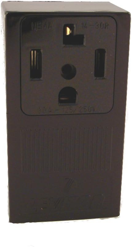 Leviton 55054 30 Amp, 125/250 Volt, NEMA 14-30R, 3P, 4W, Surface Mounting Receptacle, Straight Blade, Industrial Grade, Grounding, , Side Wired, Steel Strap, Black