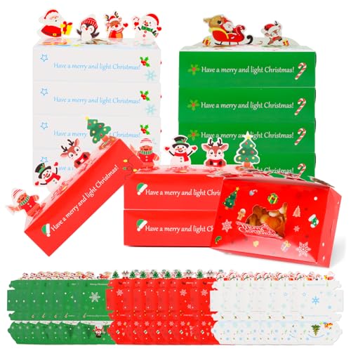 LOKIPA Christmas Bakery Boxes 18 Pieces 3 Styles Christmas Cookie Candy Treat Boxes with Window for Xmas Party Favor Pastries Cupcakes Cookies Donuts Gift Wrapping