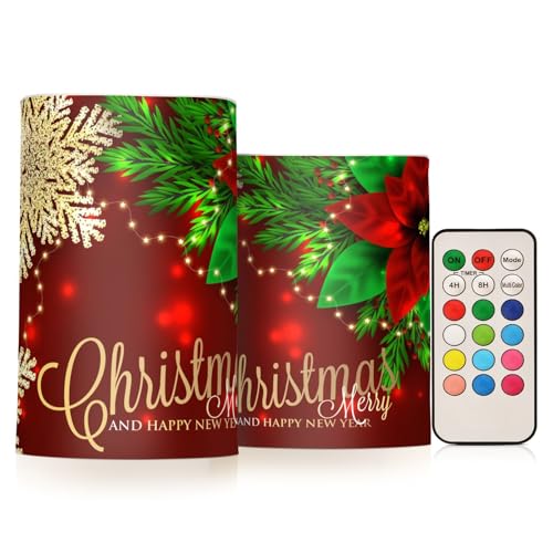 Image of Flickering Flameless Candles, Christmas Poinsettia Flower Snowflakes LED Candles with Remote Timer, Set of 2 Battery Operated Candle for Valentine Wedding Birthday