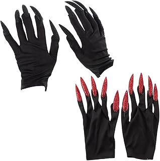 2 Pairs Halloween Paw Claws Gloves with Nails Fingernails Horror Devil Black Party Gloves for Cosplay Carnival, Medium
