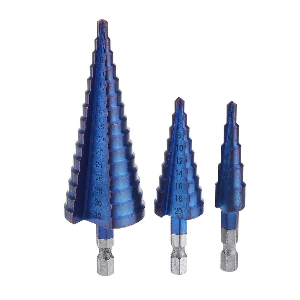 Broca escalonada ranurada en espiral, Juego de brocas escalonadas con revestimiento azul, vástago hexagonal de 3 uds., 1/4 pulgadas, 4 12/4 20/4 32mm