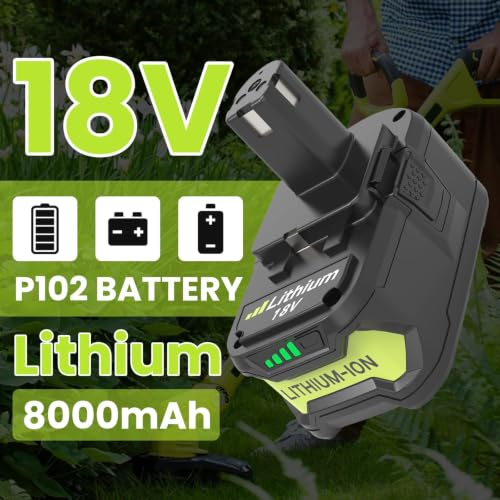 Image of Reoben 2PACK 8.0Ah Replacement for Ryobi 18V Battery and P117 Charger Combo | Compatible with Ryobi Lithium Battery and Charger 18 Volt P102 P103 P104 P107 P108 P109 Cordless Power Tools (Green-3P)