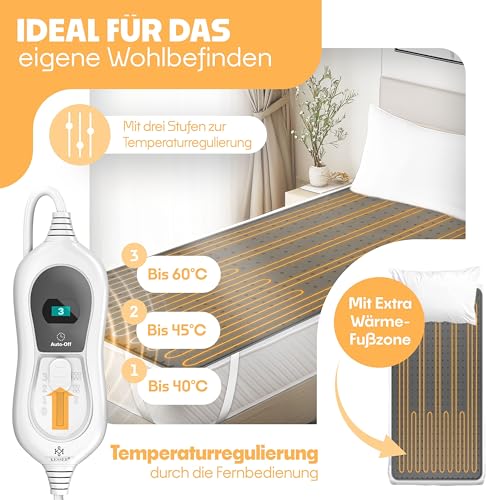 KESSER® Wärmeunterbett 150x80cm mit Abschaltautomatik Fernbedienung | Heizdecke mit 3 Temperaturstufen | Wärmebettunterlage fürs Bett Matratzenheizung Wärmedecke aus weichem Vlies Heizkissen Anthrazit