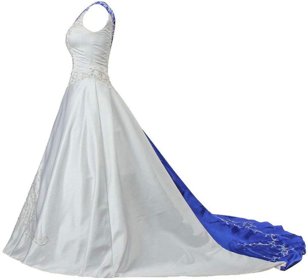 Femme Elégante V-col Robes de Mariée Broderie Satin Robe de Mariage A-Ligne Robes de Nuptiale Chapel Train