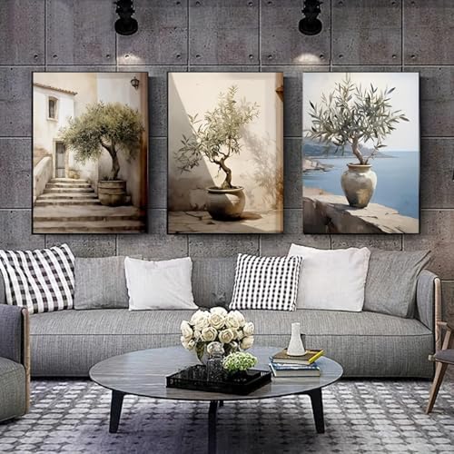 Toile moderne rétro de poterie pour salon chaleureux lot de 3 œuvres encadrées 40x50cm
