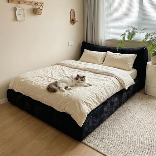 Image of Homkdom Cloud Bed Frame with Removable Headboard,Corduroy Soft Full Size Bed Frame Rounded Corner Design, Full Bed Frame for Modern Bedrooms Apartments, Guest Rooms,No Box Spring Needed,Black