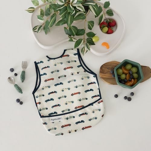Image of Tiny Twinkle Mess Proof Baby Bib for Girls | Waterproof Toddler Bib for Eating | Baby Apron for Feeding | Machine Washable | Perfect Shower Gift (Vintage Cars, 6-24M)